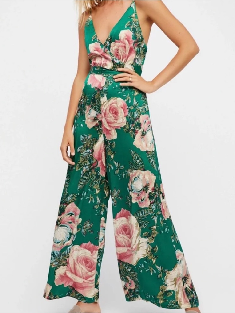Free People Emerald Green Floral Wide-Leg Jumpsuit